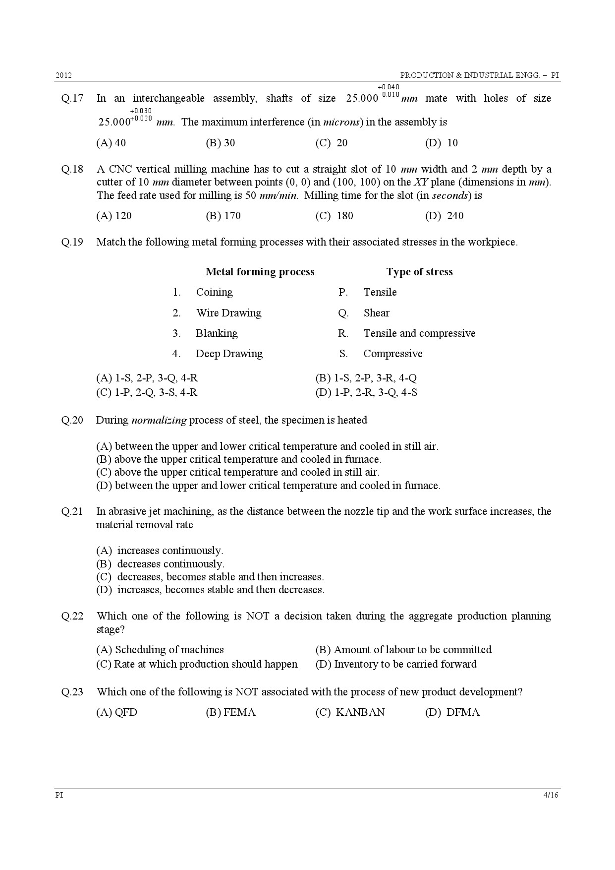 GATE Exam Question Paper 2012 Production and Industrial Engineering 4