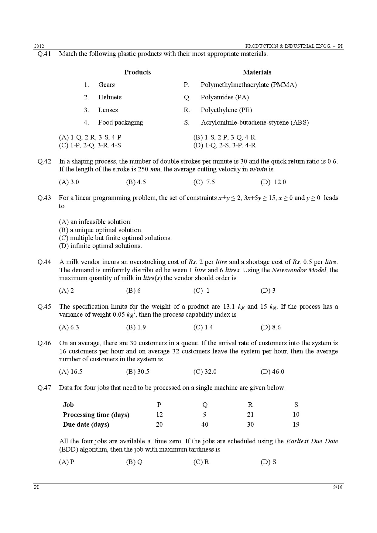 GATE Exam Question Paper 2012 Production and Industrial Engineering 9