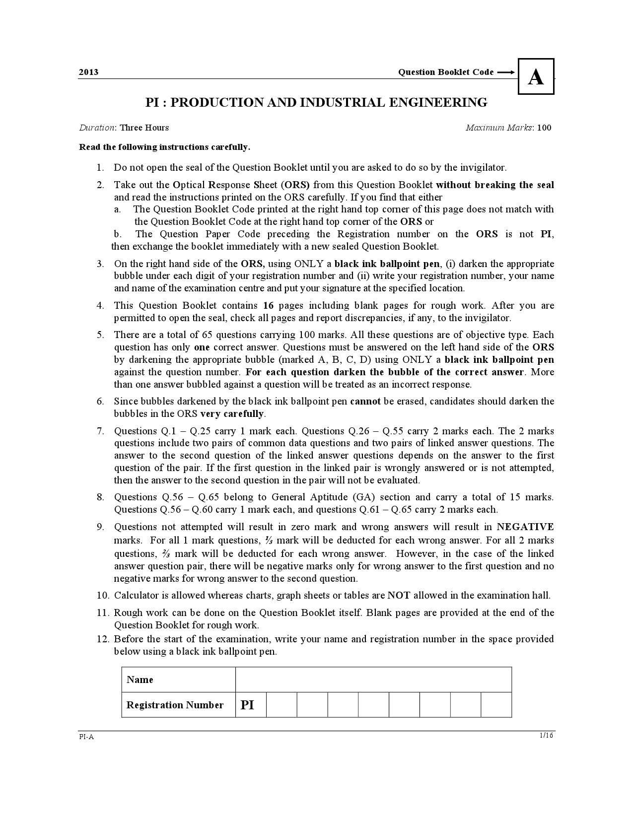 GATE Exam Question Paper 2013 Production and Industrial Engineering 1