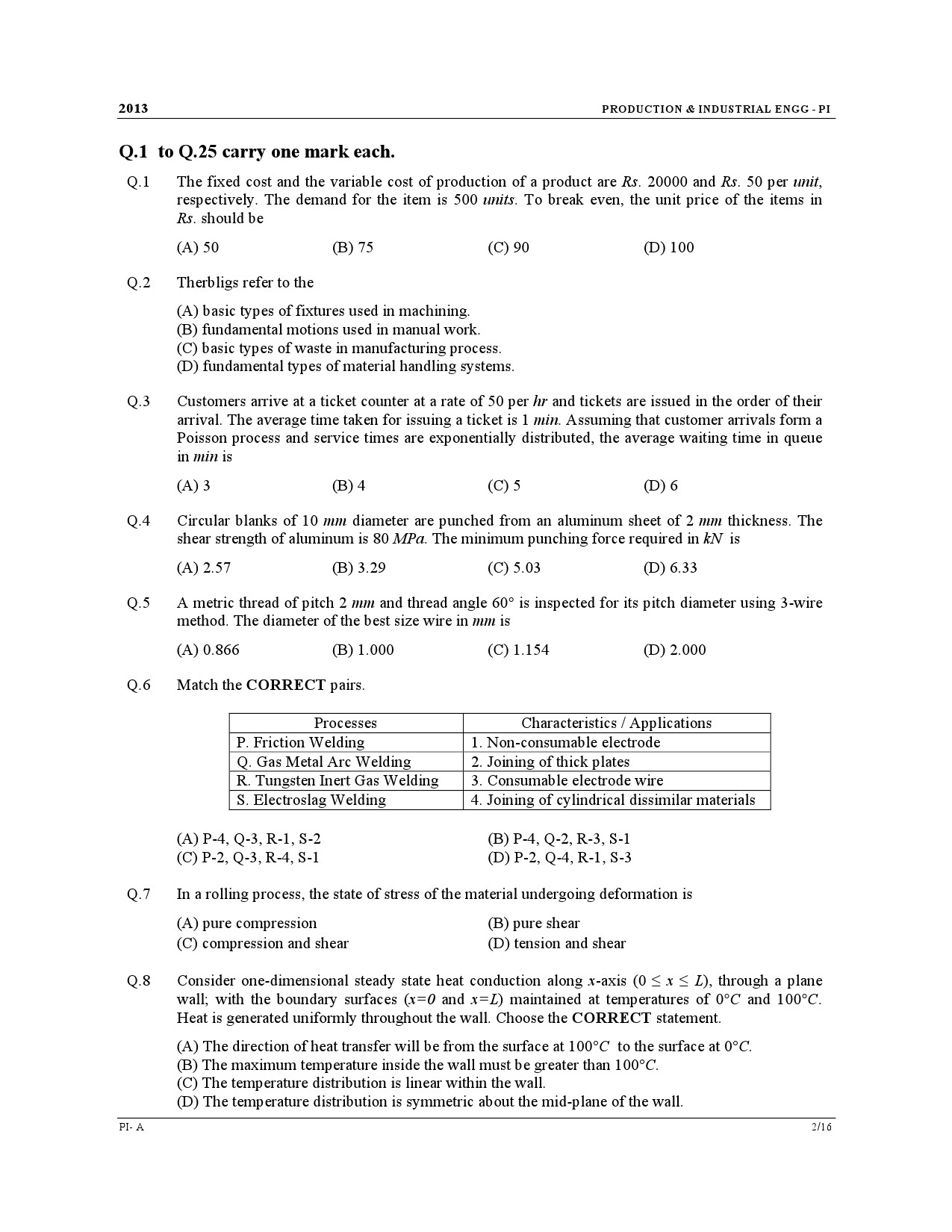 GATE Exam Question Paper 2013 Production and Industrial Engineering 2