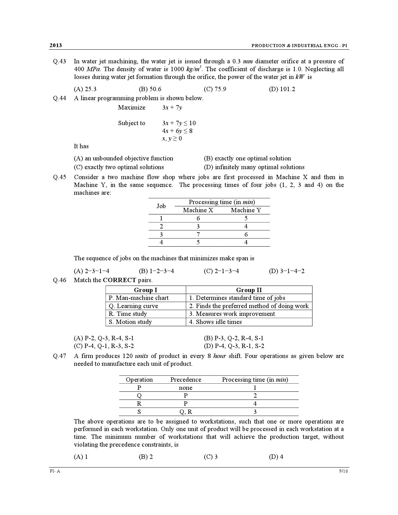 GATE Exam Question Paper 2013 Production and Industrial Engineering 9