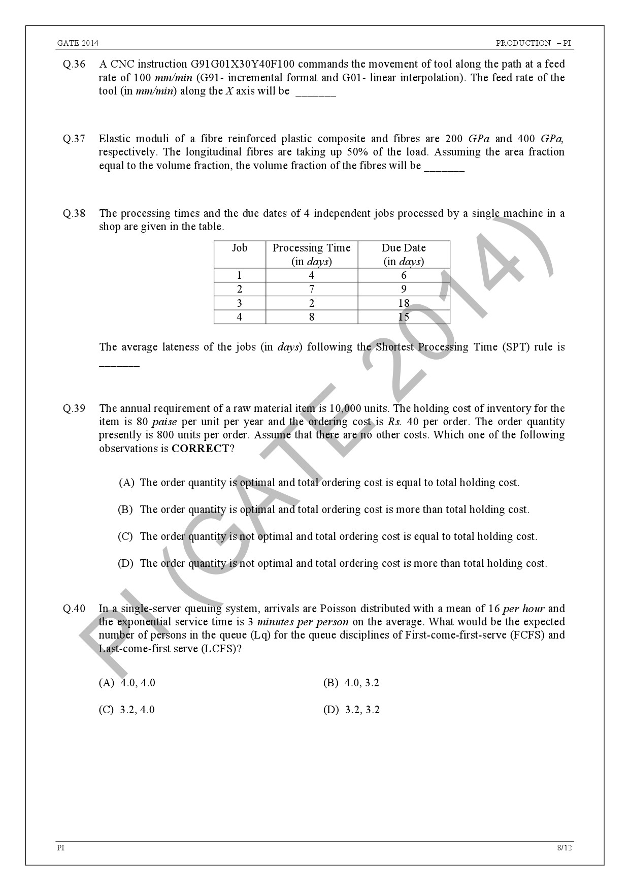 GATE Exam Question Paper 2014 Production and Industrial Engineering 14