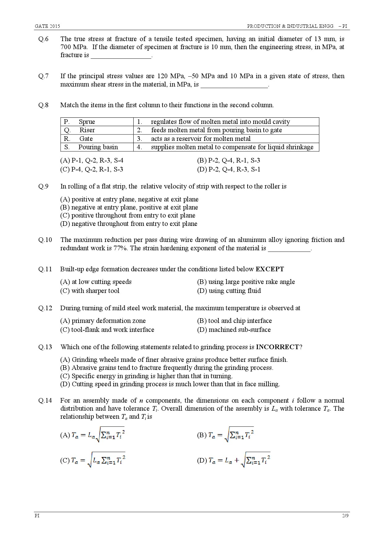 GATE Exam Question Paper 2015 Production and Industrial Engineering 2