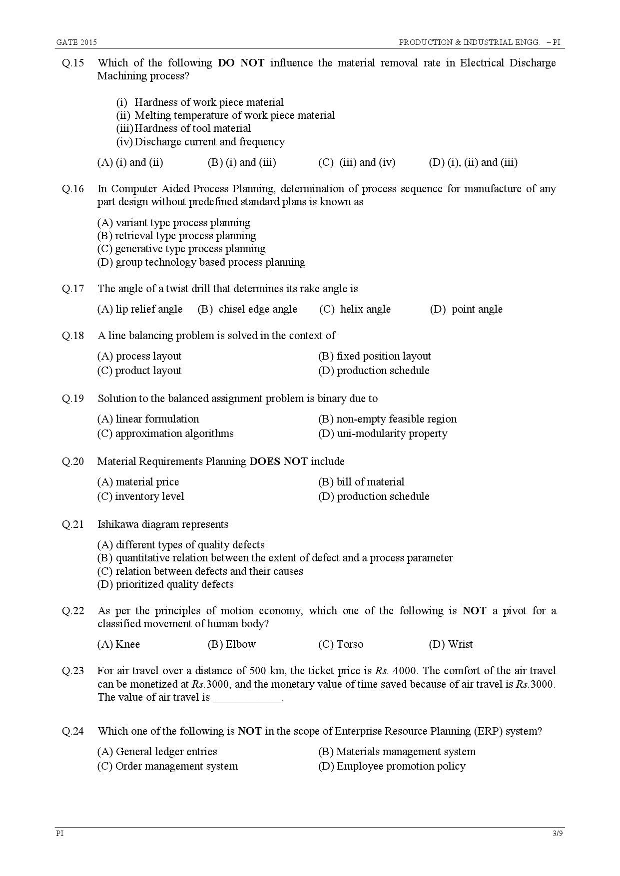 GATE Exam Question Paper 2015 Production and Industrial Engineering 3