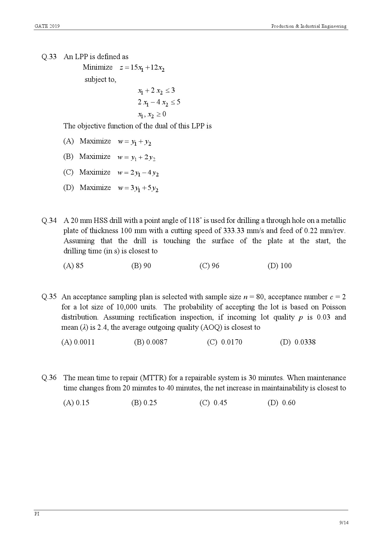 GATE Exam Question Paper 2019 Production and Industrial Engineering 12