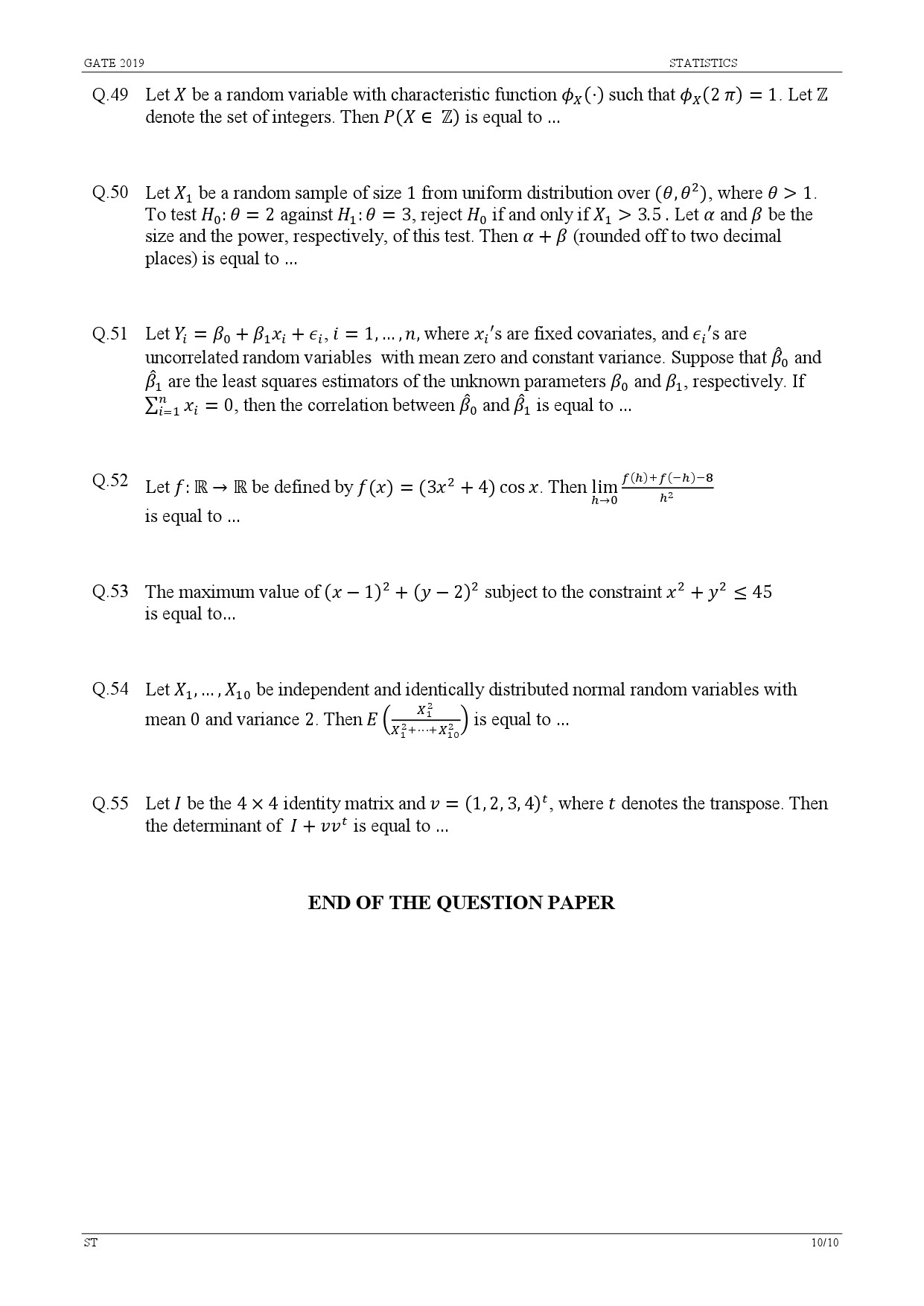 GATE Exam Question Paper 2019 Statistics 13