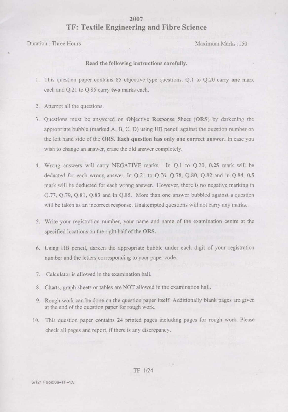 GATE Exam Question Paper 2007 Textile Engineering and Fibre Science 1