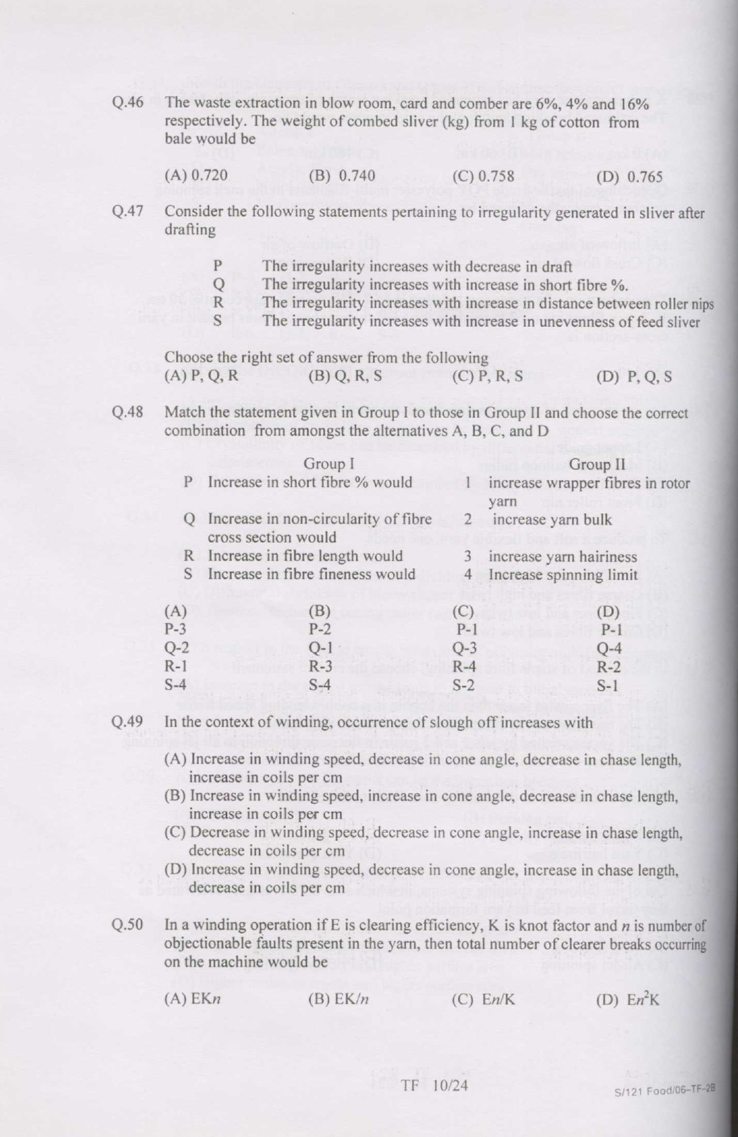 GATE Exam Question Paper 2007 Textile Engineering and Fibre Science 10