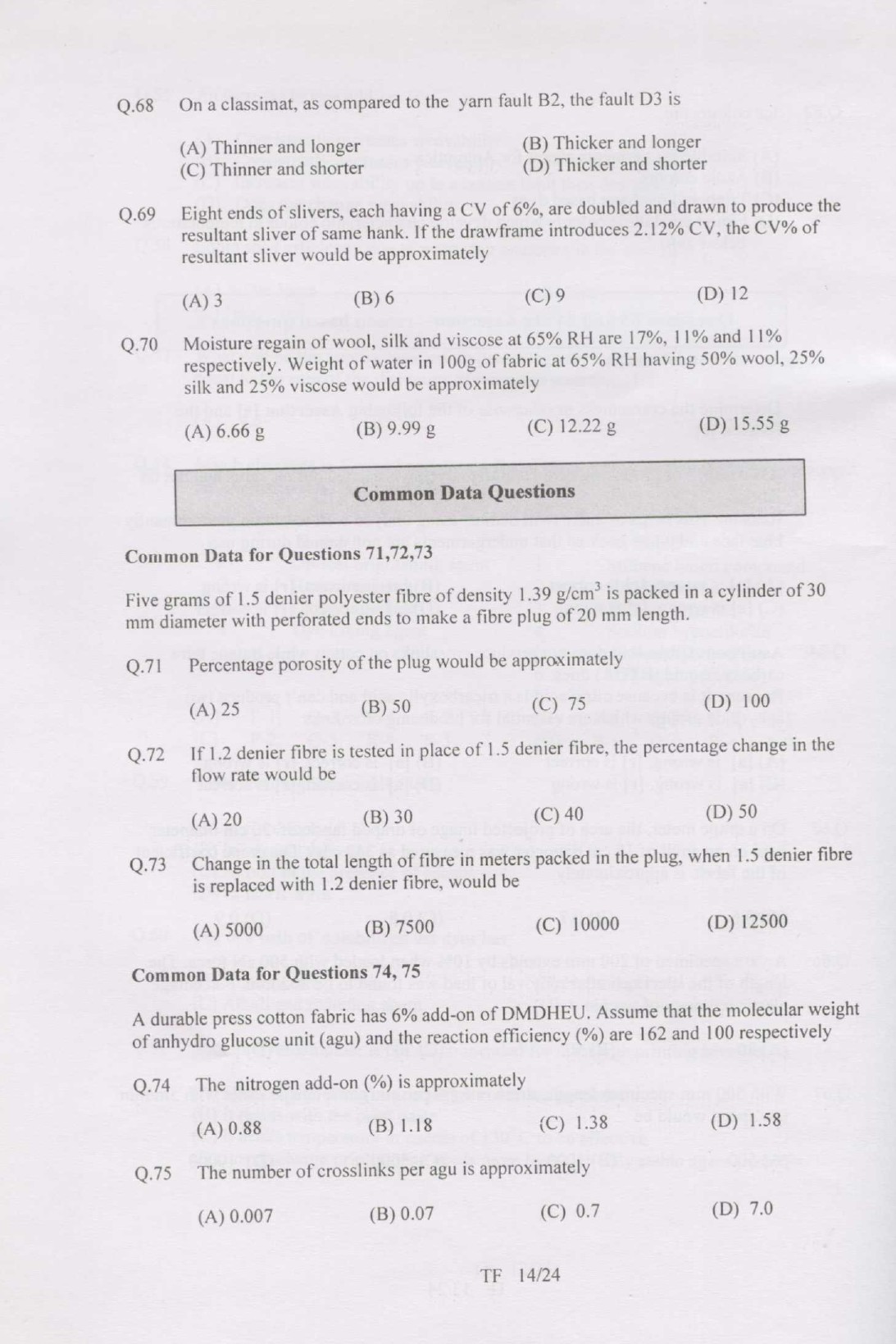 GATE Exam Question Paper 2007 Textile Engineering and Fibre Science 14