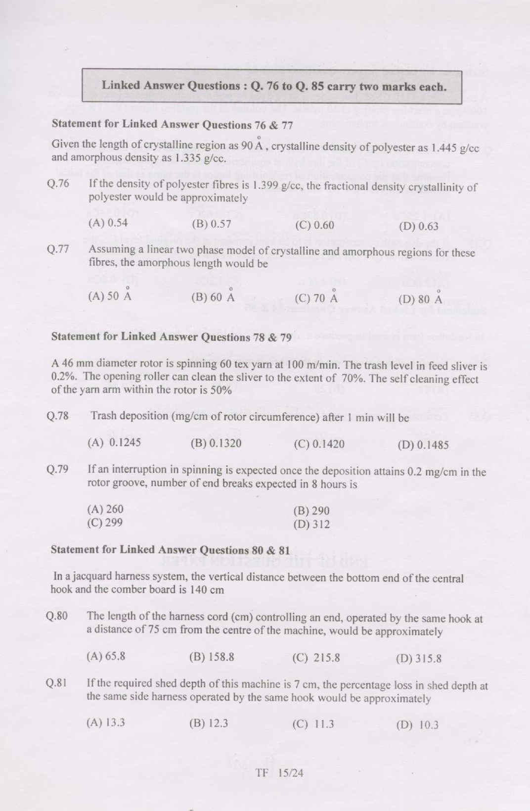 GATE Exam Question Paper 2007 Textile Engineering and Fibre Science 15