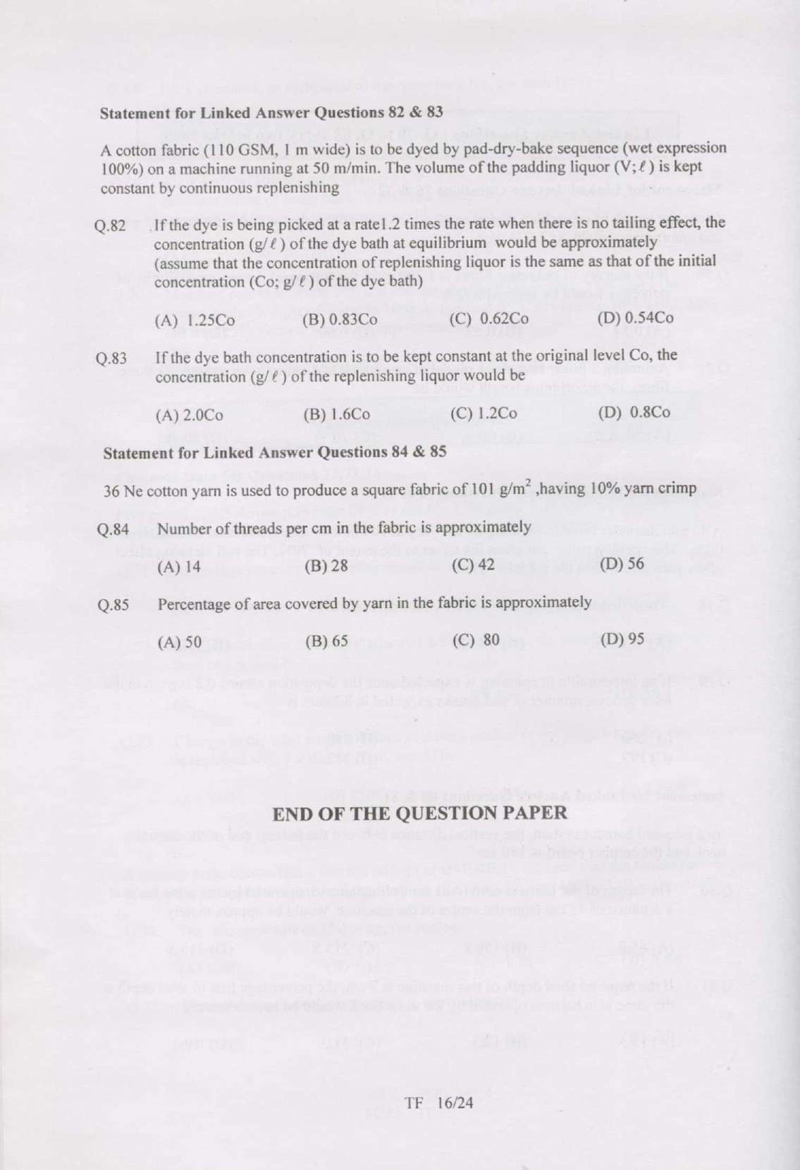 GATE Exam Question Paper 2007 Textile Engineering and Fibre Science 16