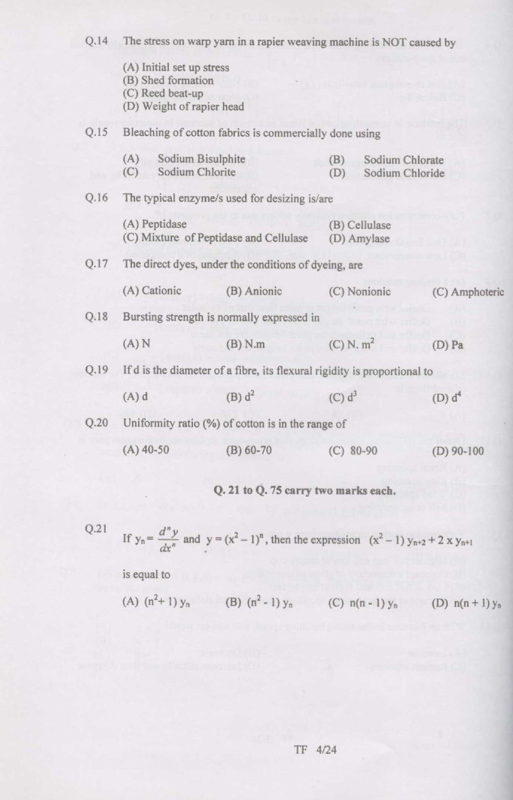 GATE Exam Question Paper 2007 Textile Engineering and Fibre Science 4
