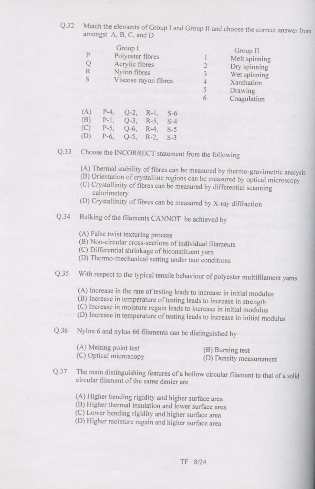 GATE Exam Question Paper 2007 Textile Engineering and Fibre Science 8