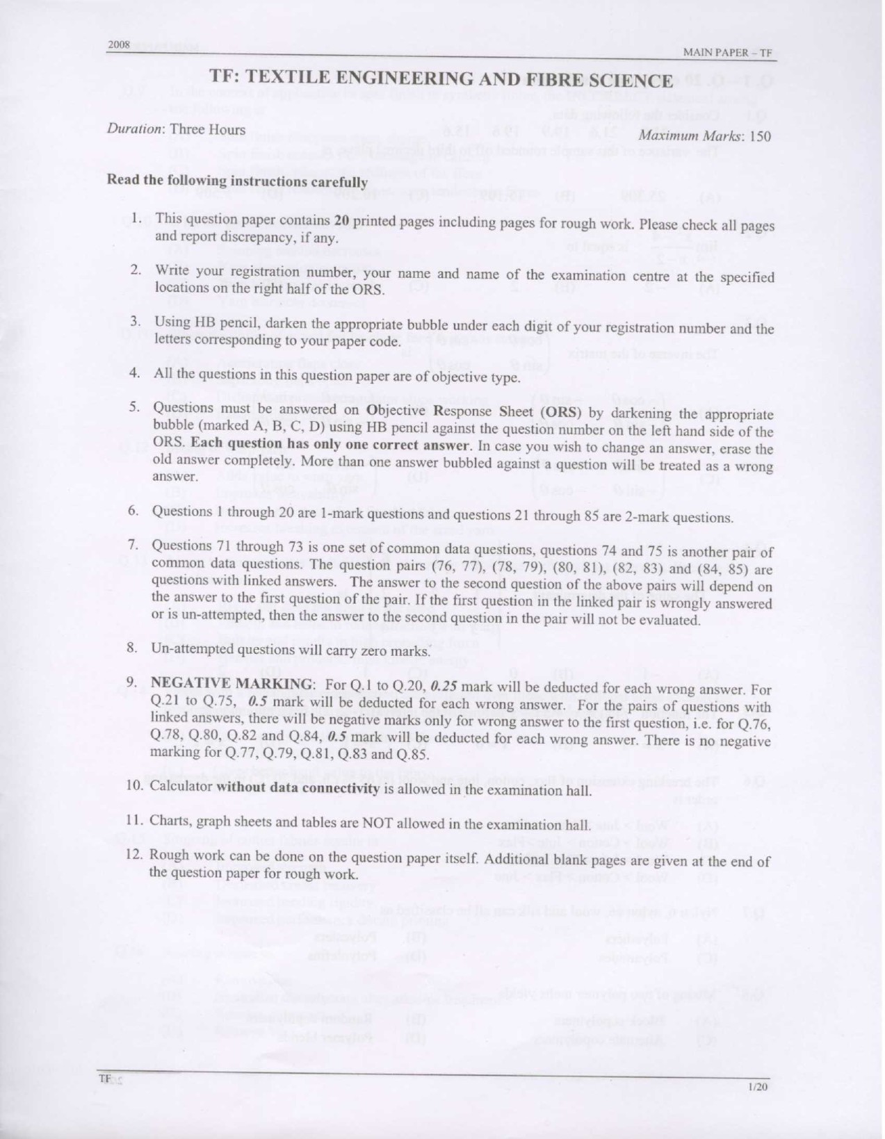 GATE Exam Question Paper 2008 Textile Engineering and Fibre Science 1