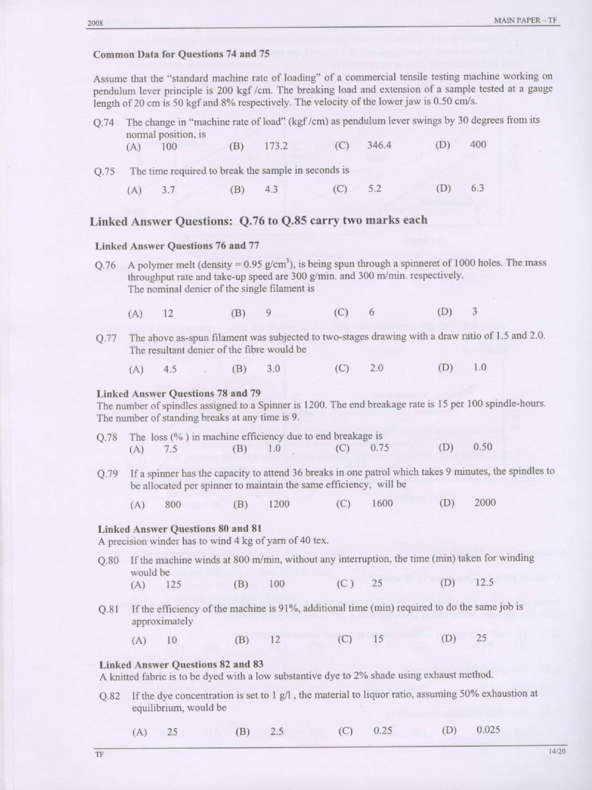 GATE Exam Question Paper 2008 Textile Engineering and Fibre Science 14
