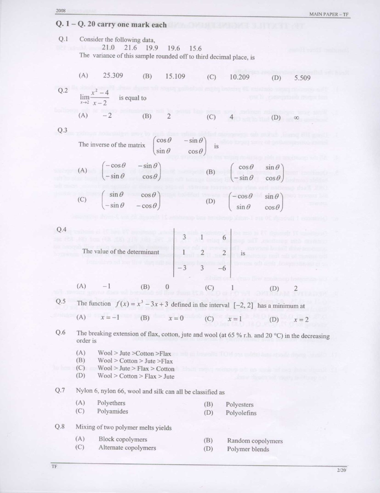 GATE Exam Question Paper 2008 Textile Engineering and Fibre Science 2