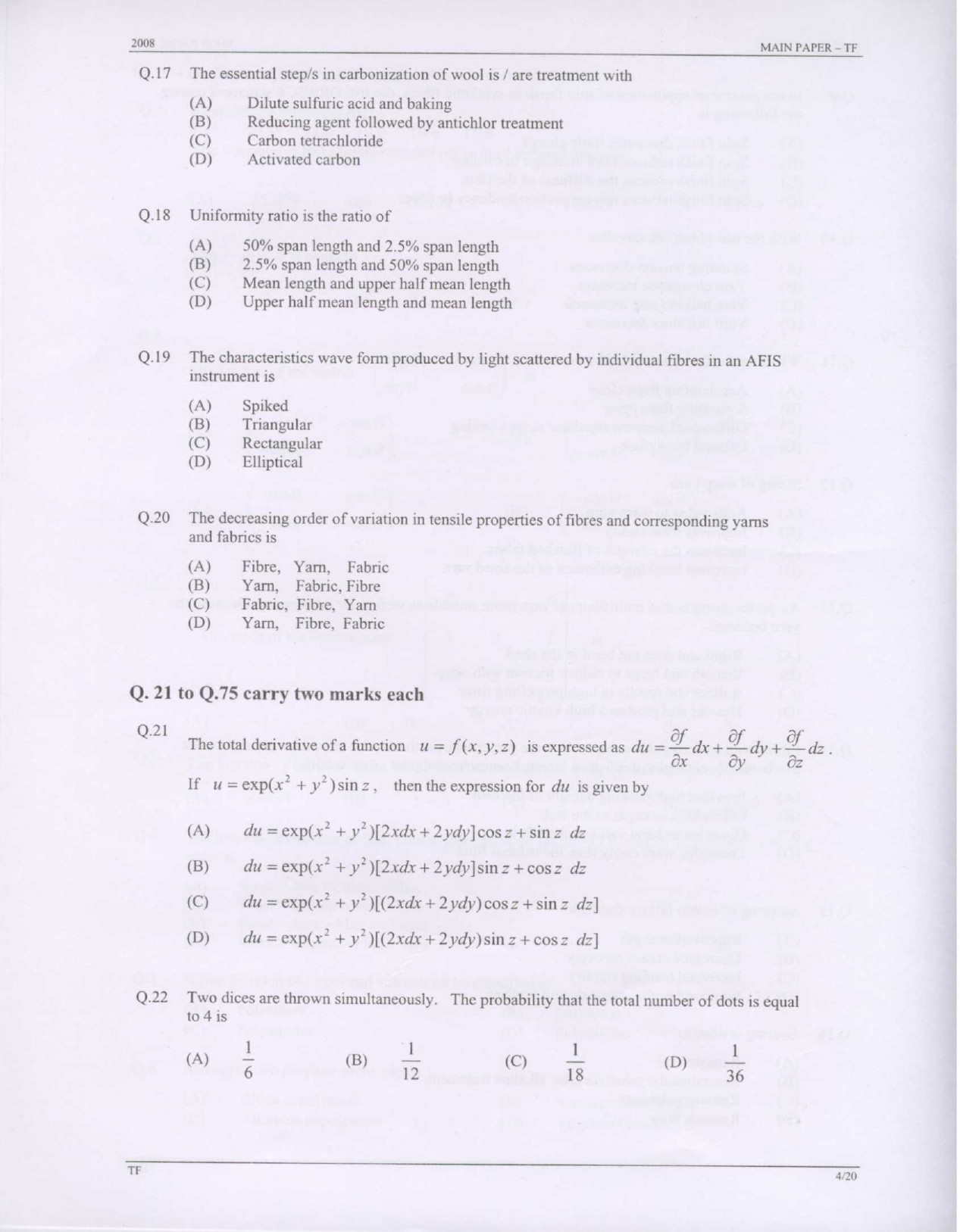 GATE Exam Question Paper 2008 Textile Engineering and Fibre Science 4