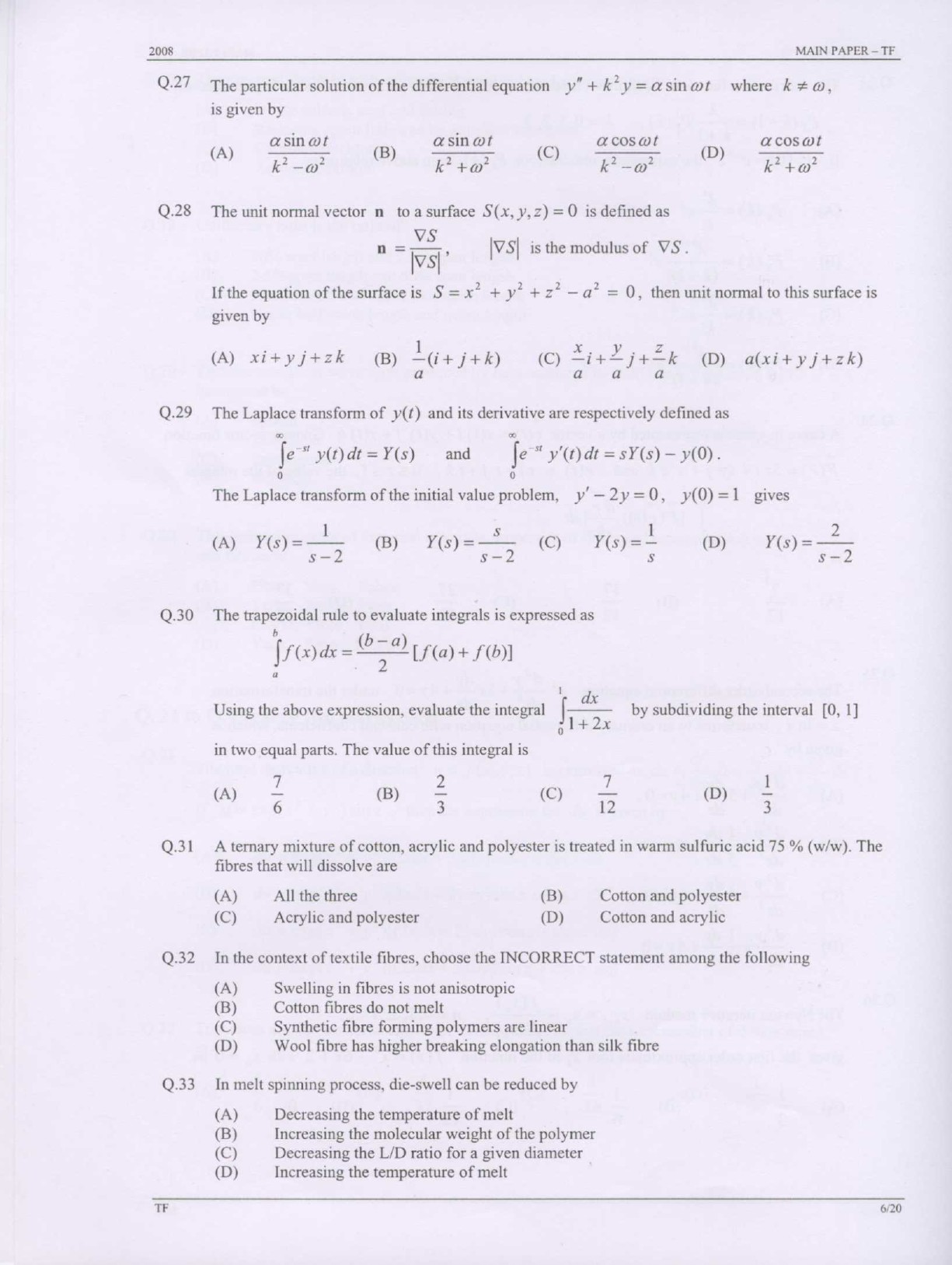 GATE Exam Question Paper 2008 Textile Engineering and Fibre Science 6