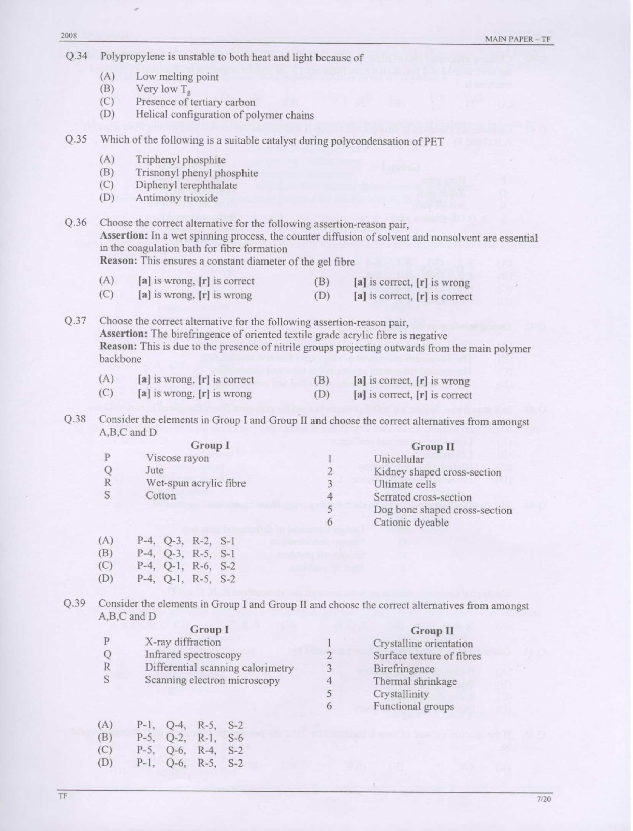 GATE Exam Question Paper 2008 Textile Engineering and Fibre Science 7