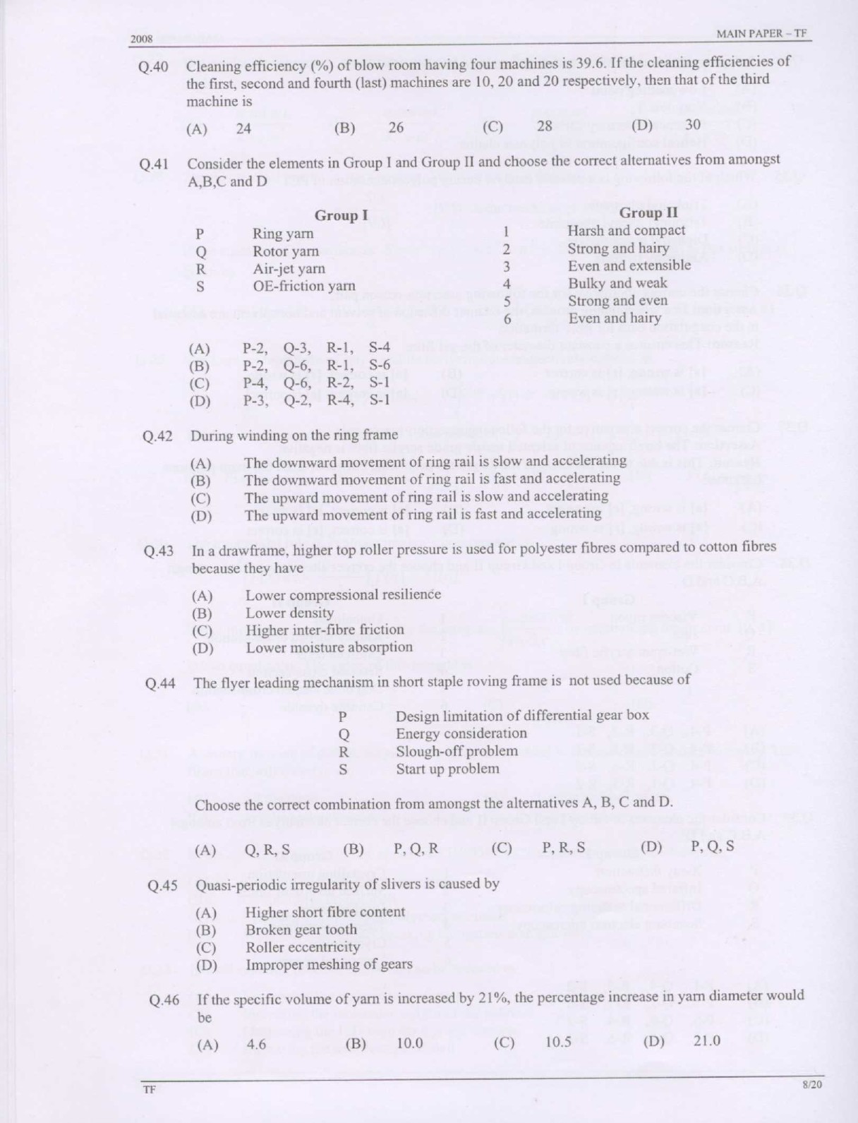 GATE Exam Question Paper 2008 Textile Engineering and Fibre Science 8