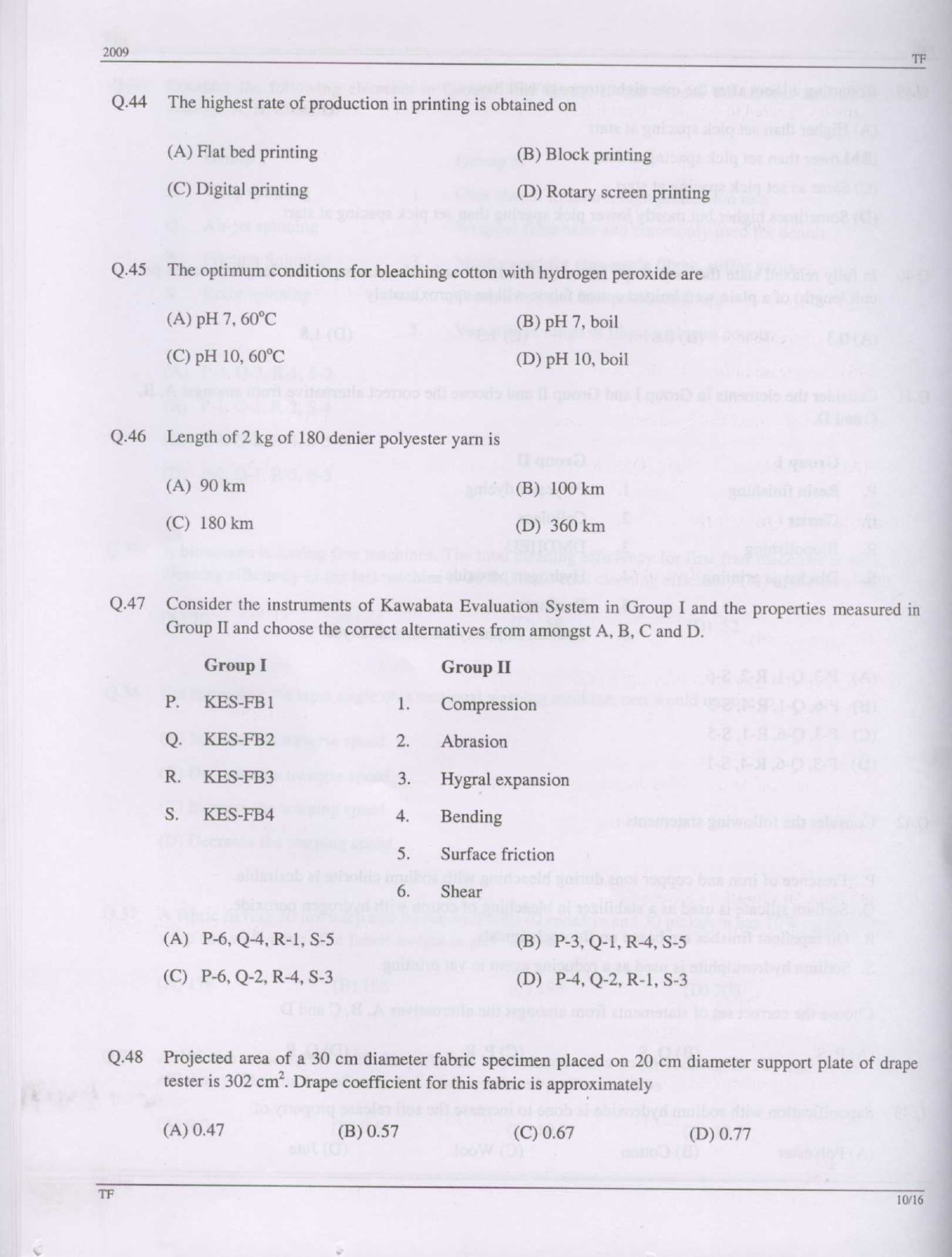 GATE Exam Question Paper 2009 Textile Engineering and Fibre Science 10