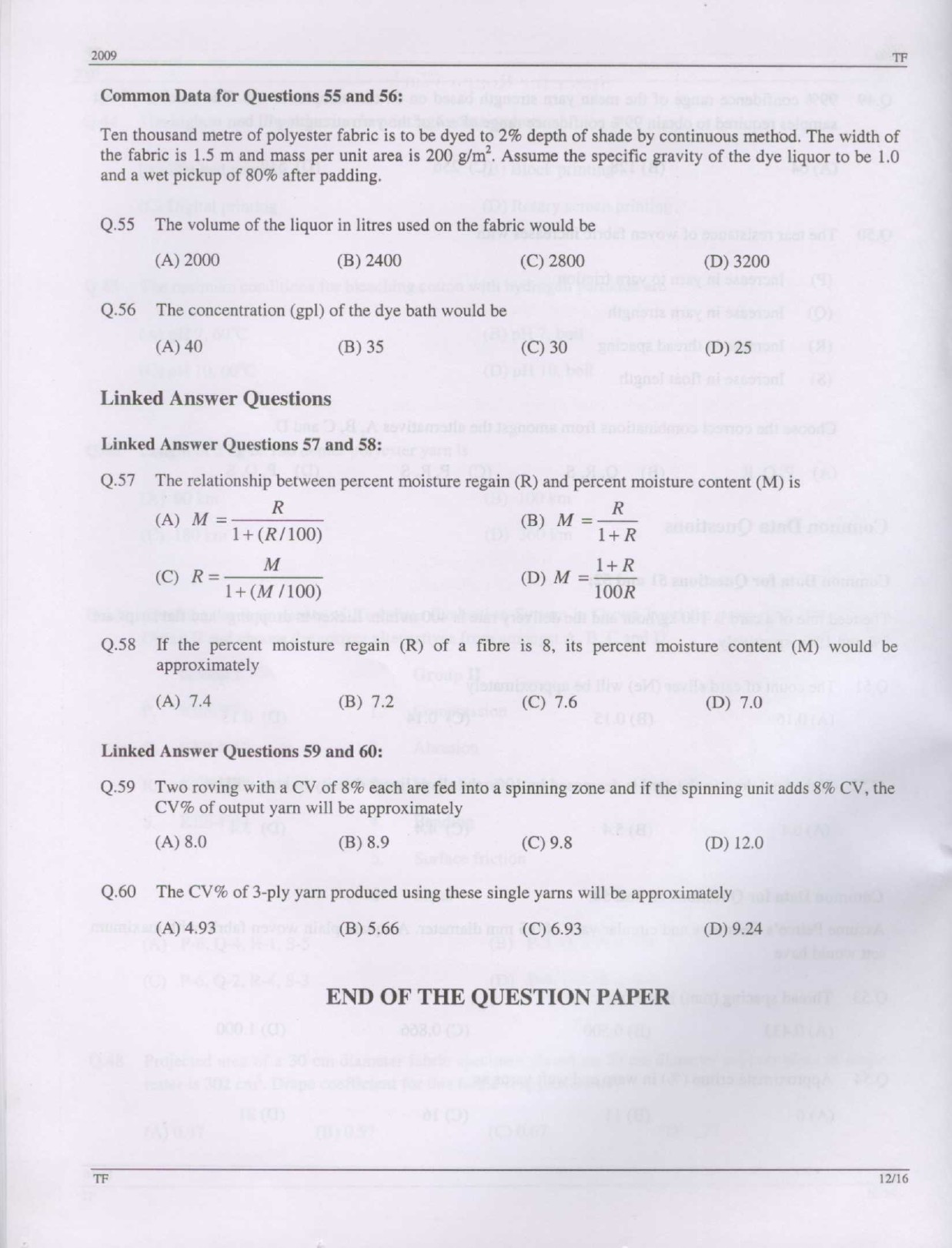 GATE Exam Question Paper 2009 Textile Engineering and Fibre Science 12