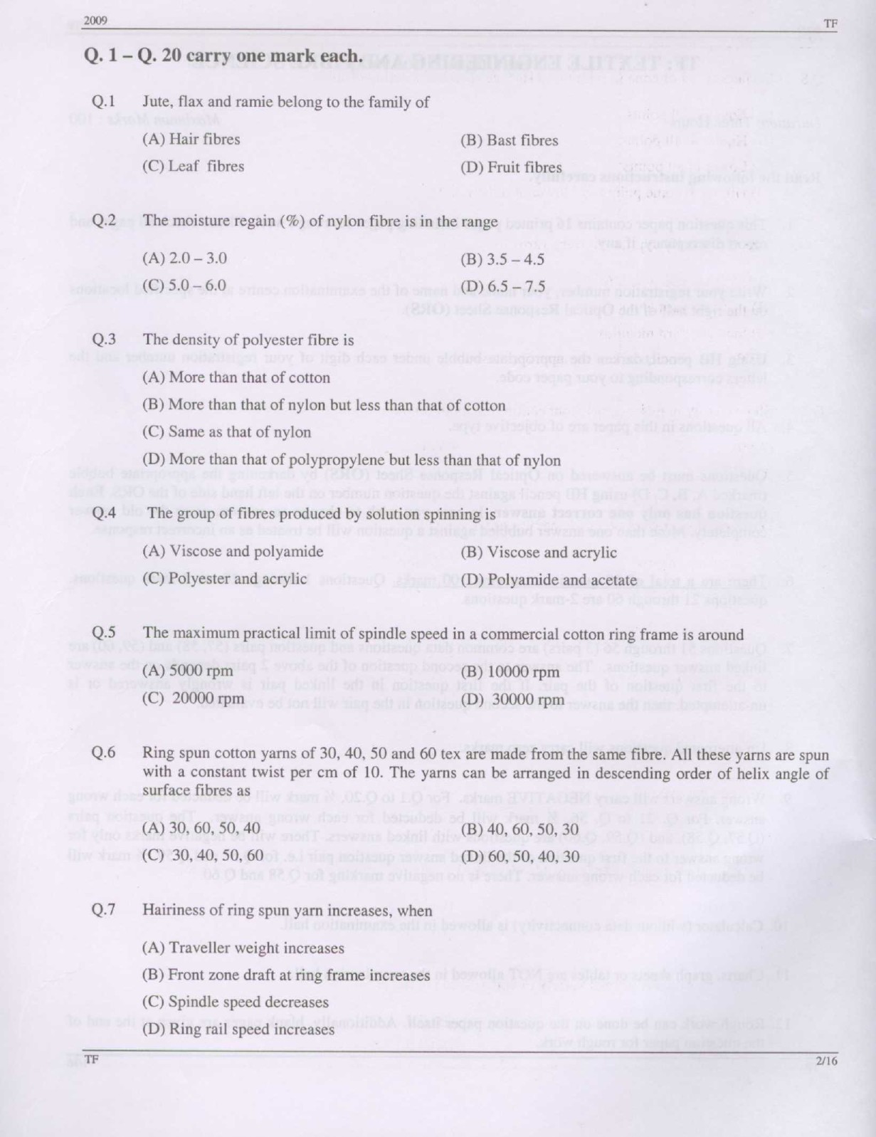 GATE Exam Question Paper 2009 Textile Engineering and Fibre Science 2