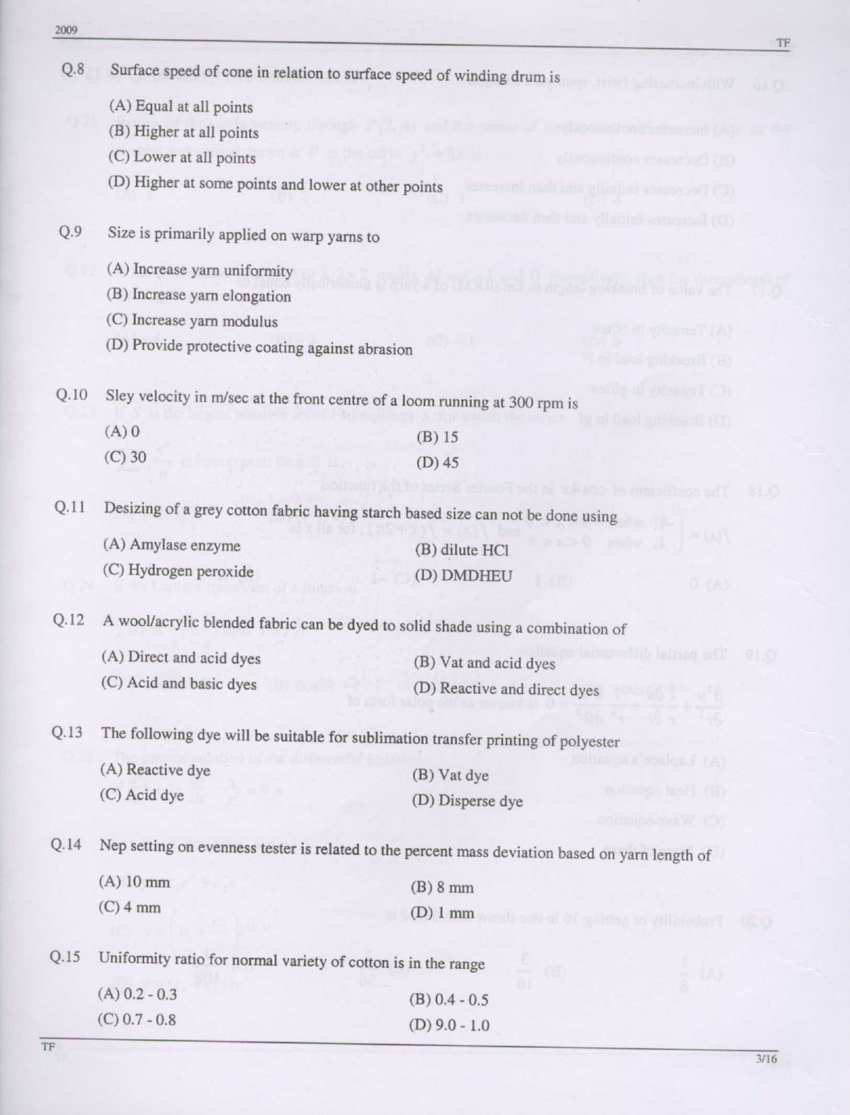 GATE Exam Question Paper 2009 Textile Engineering and Fibre Science 3