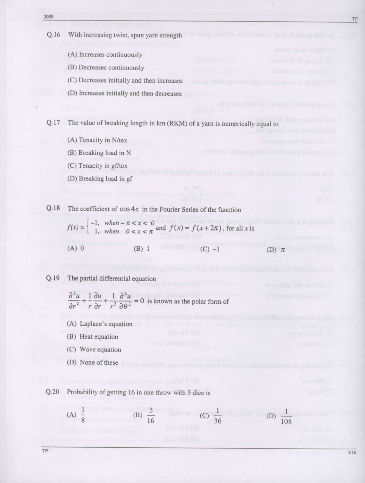 GATE Exam Question Paper 2009 Textile Engineering and Fibre Science 4