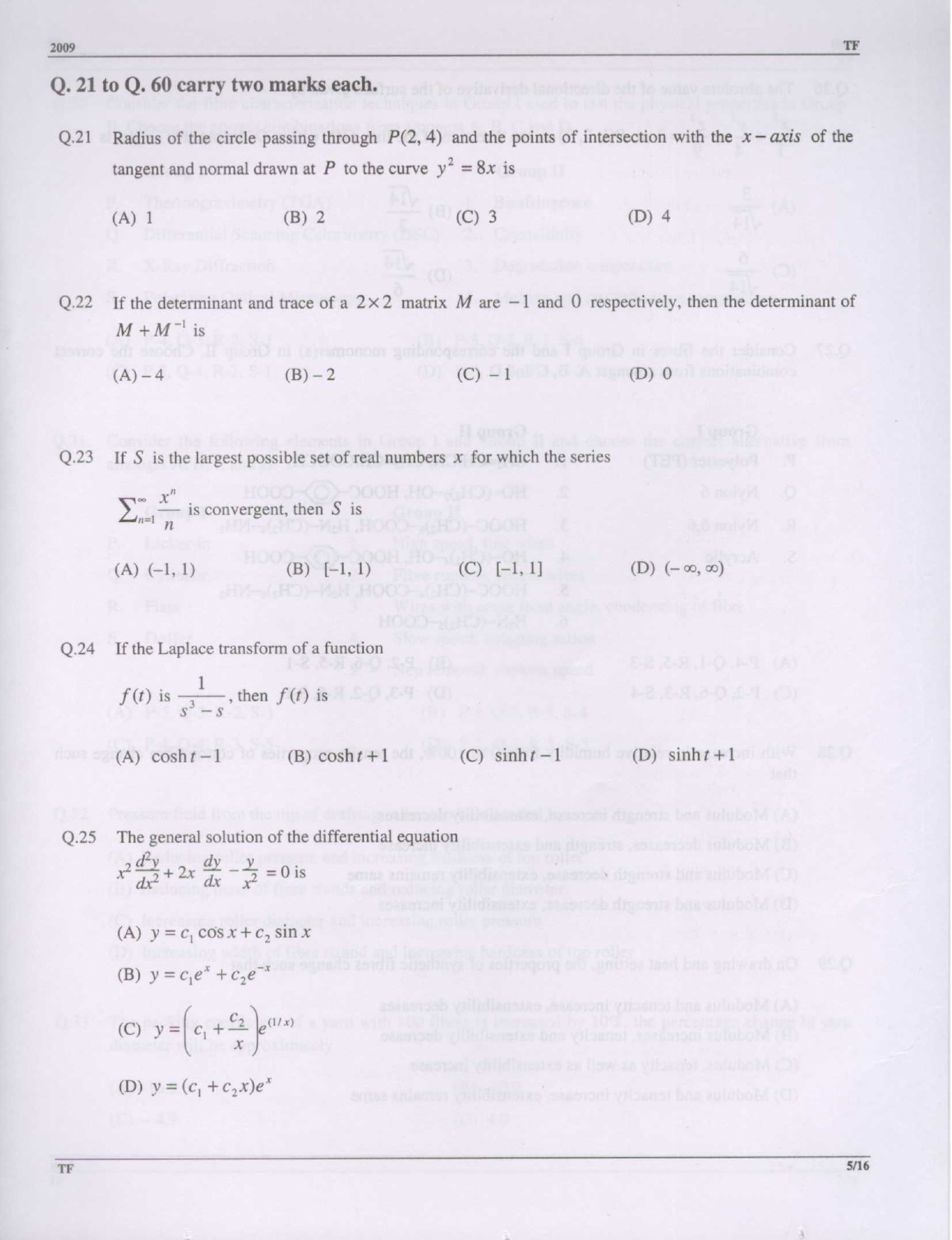 GATE Exam Question Paper 2009 Textile Engineering and Fibre Science 5