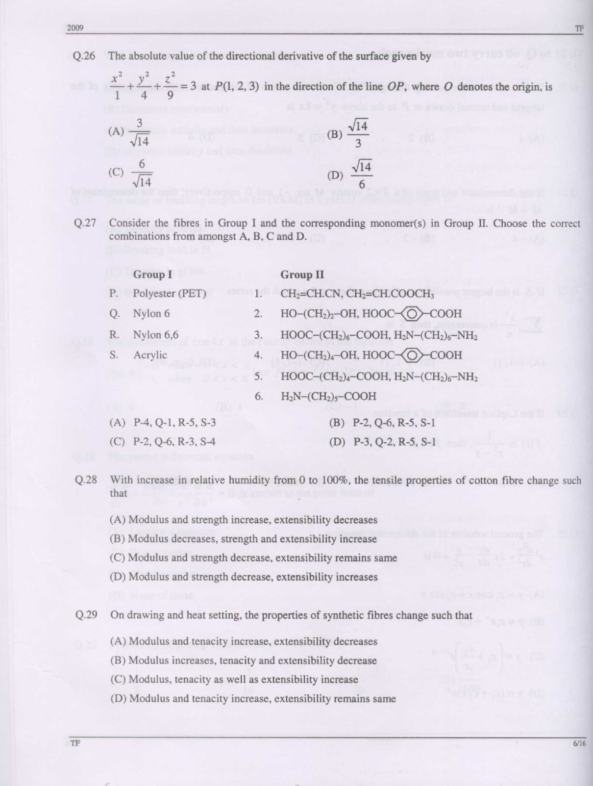 GATE Exam Question Paper 2009 Textile Engineering and Fibre Science 6