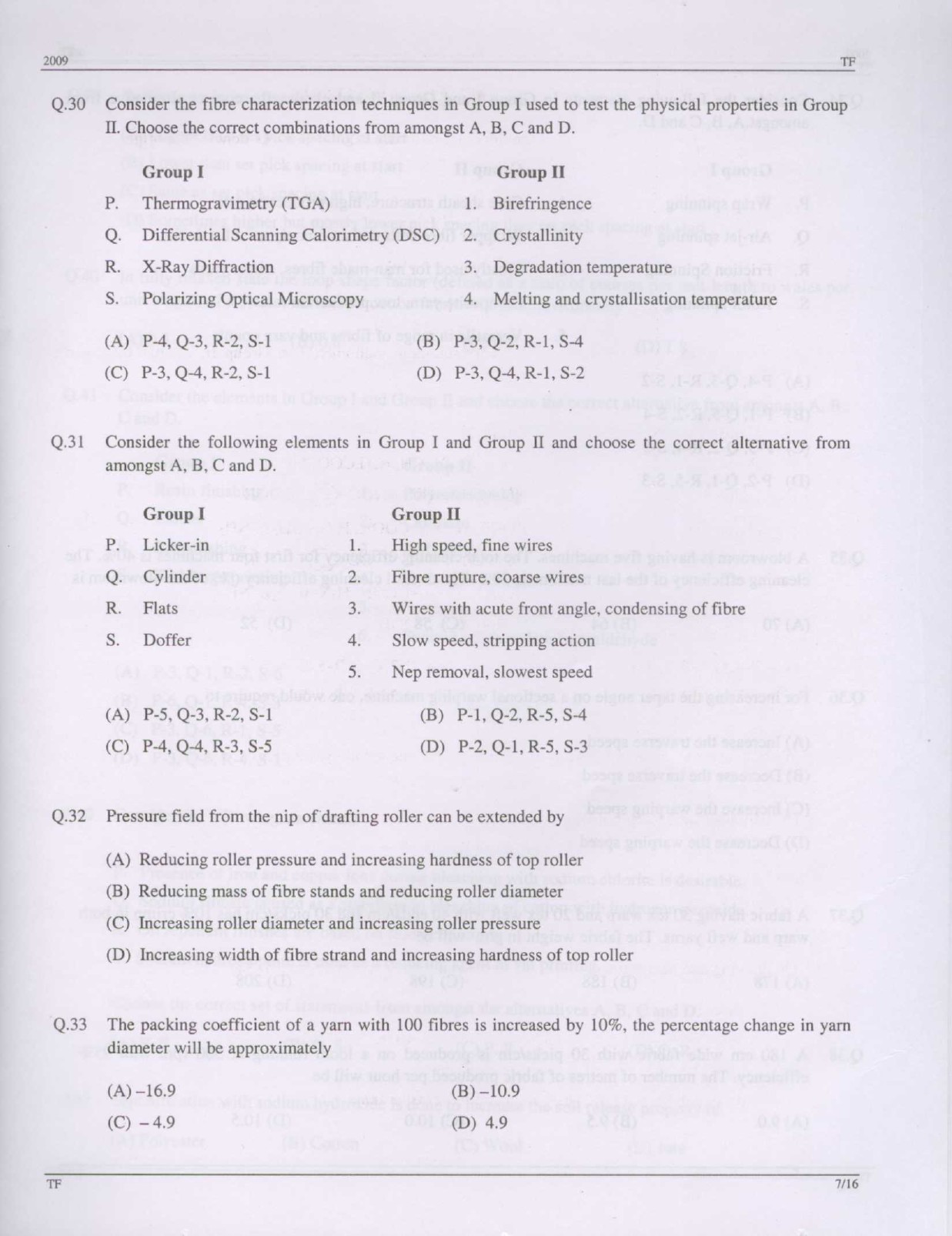 GATE Exam Question Paper 2009 Textile Engineering and Fibre Science 7