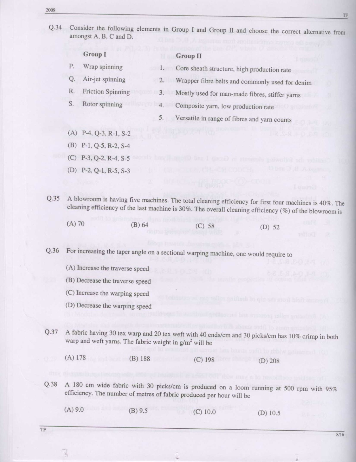 GATE Exam Question Paper 2009 Textile Engineering and Fibre Science 8