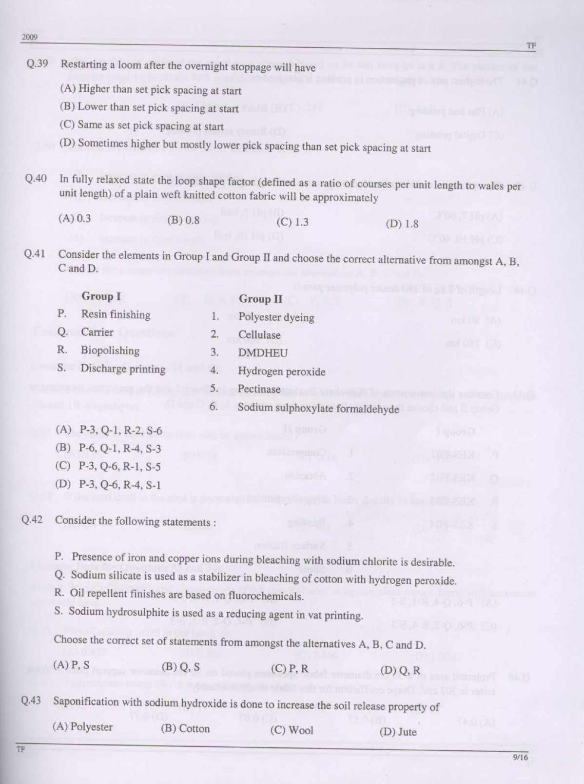 GATE Exam Question Paper 2009 Textile Engineering and Fibre Science 9