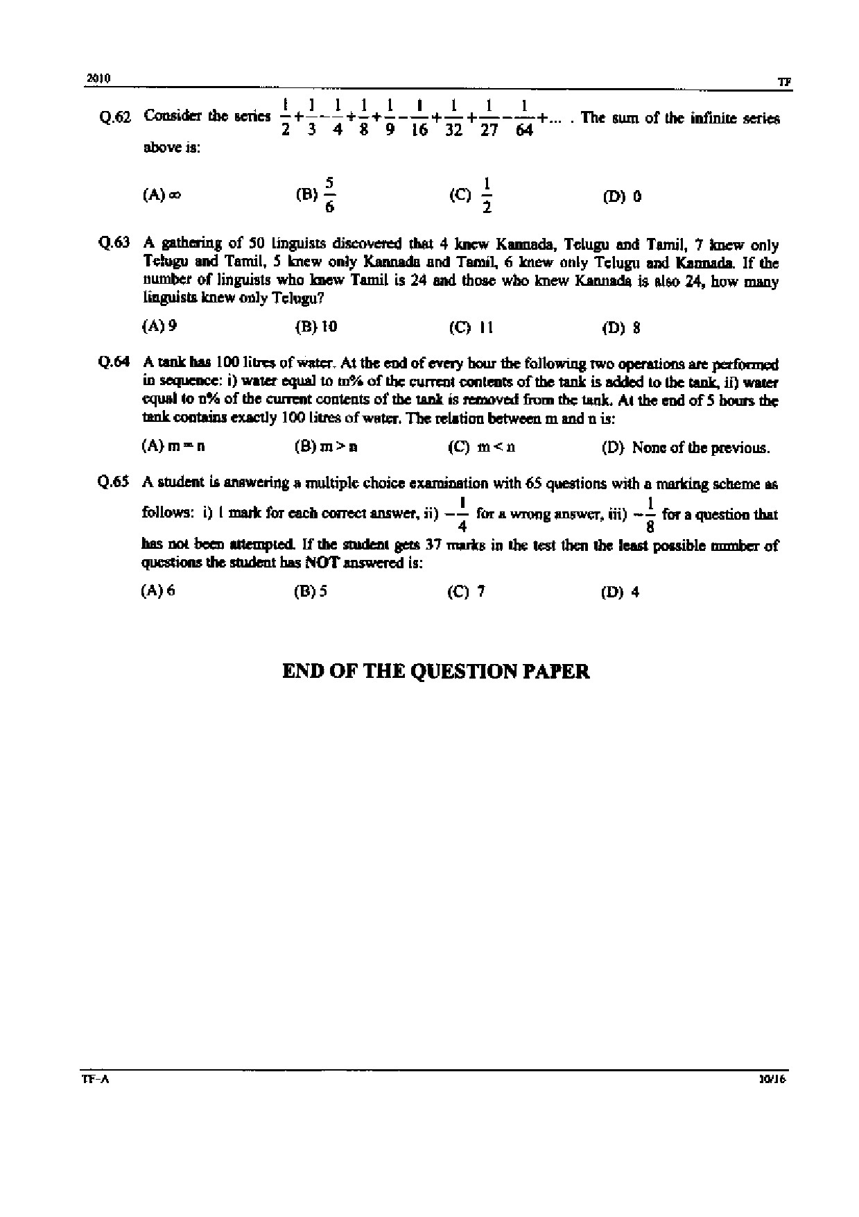 GATE Exam Question Paper 2010 Textile Engineering and Fibre Science 10