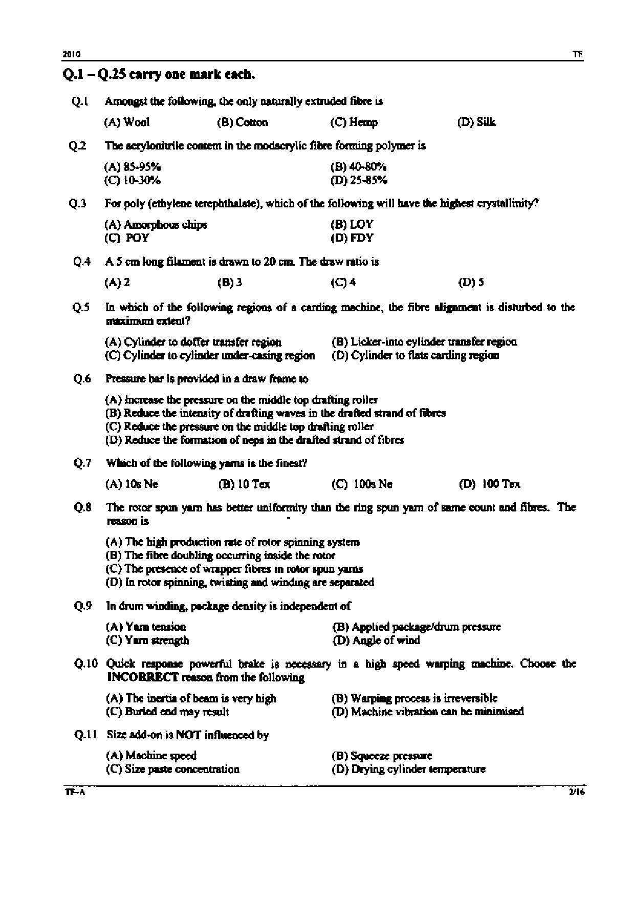 GATE Exam Question Paper 2010 Textile Engineering and Fibre Science 2