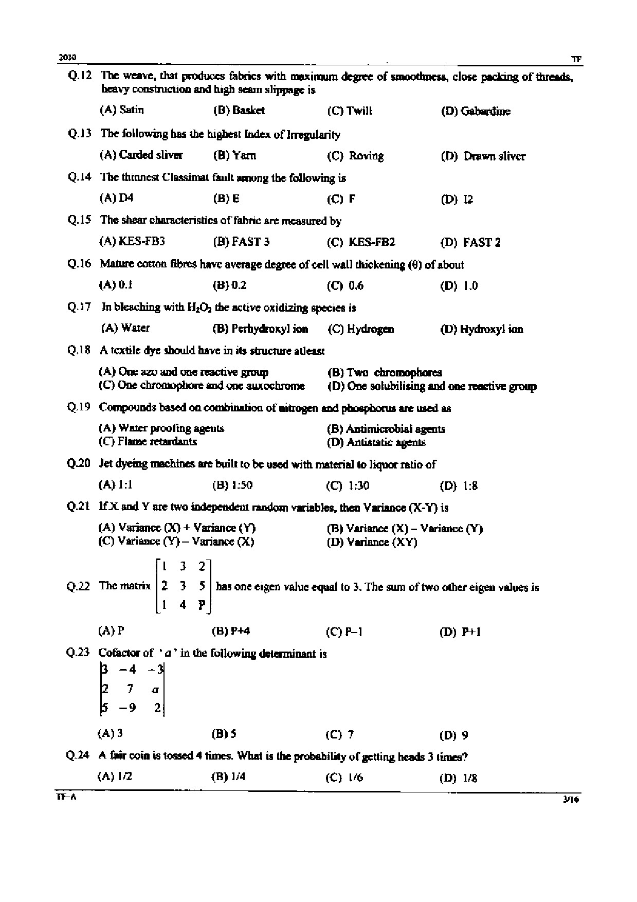 GATE Exam Question Paper 2010 Textile Engineering and Fibre Science 3