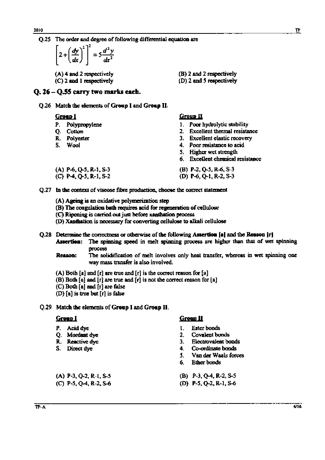 GATE Exam Question Paper 2010 Textile Engineering and Fibre Science 4
