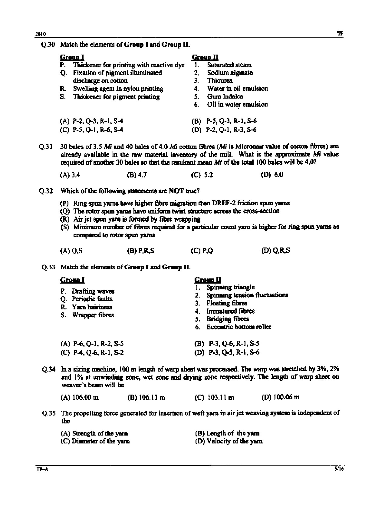 GATE Exam Question Paper 2010 Textile Engineering and Fibre Science 5