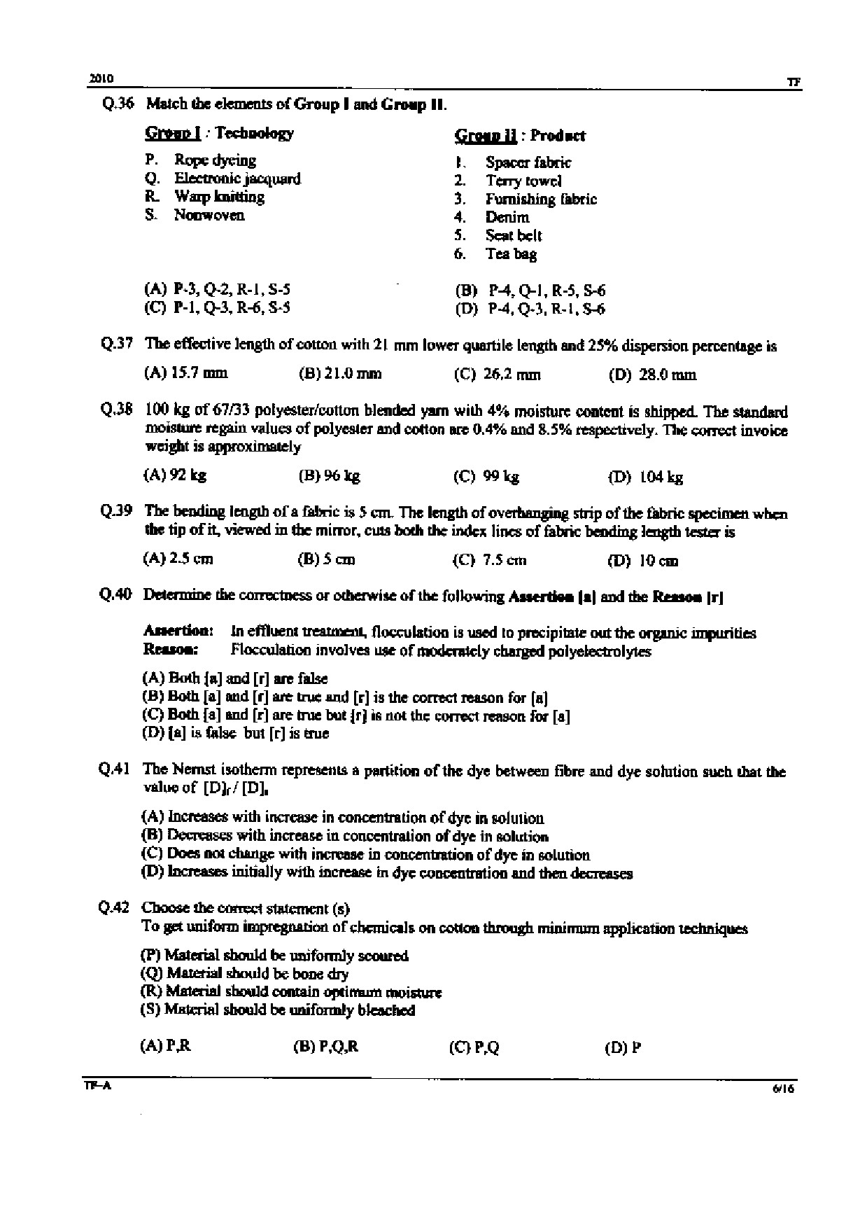 GATE Exam Question Paper 2010 Textile Engineering and Fibre Science 6