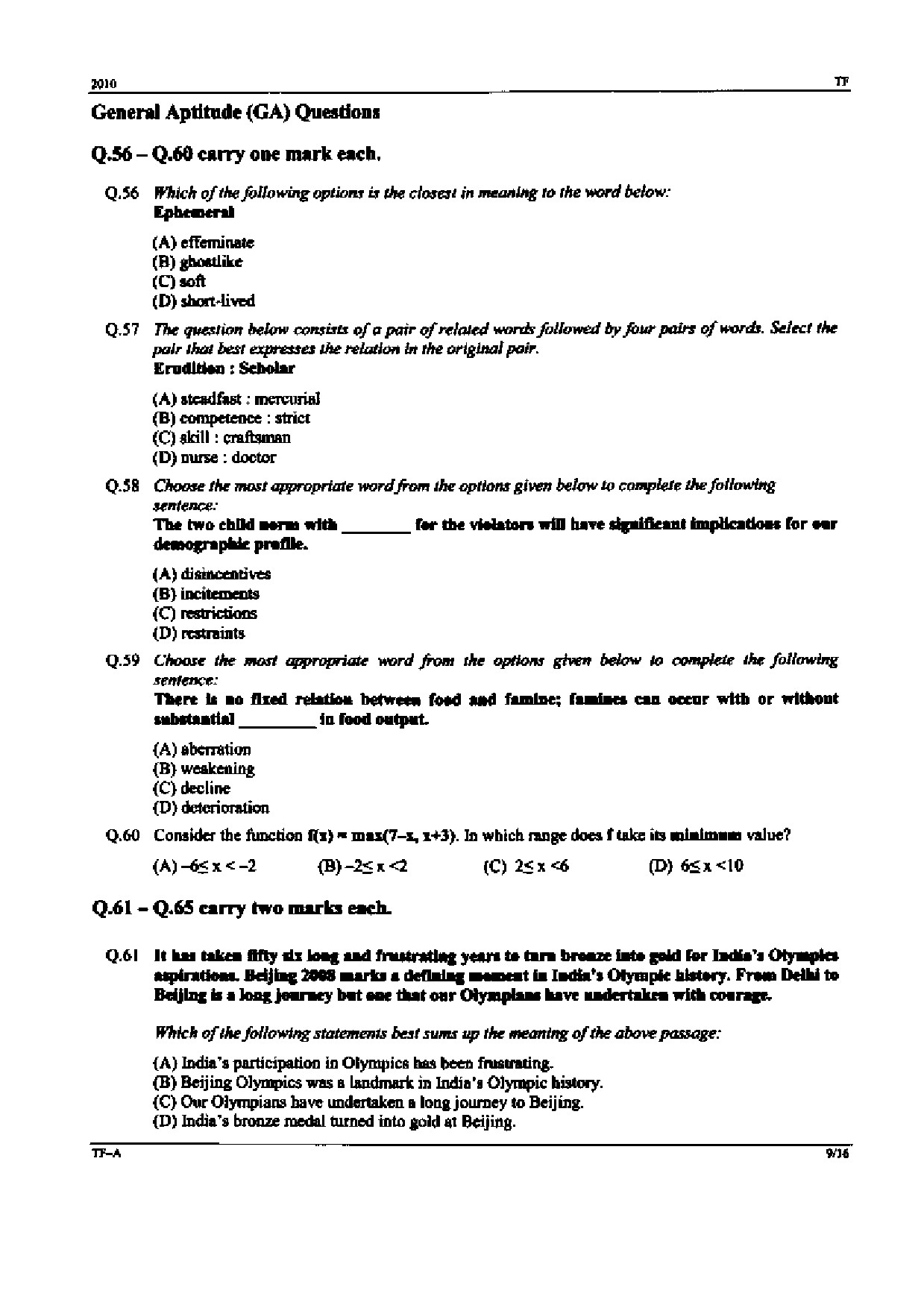 GATE Exam Question Paper 2010 Textile Engineering and Fibre Science 9