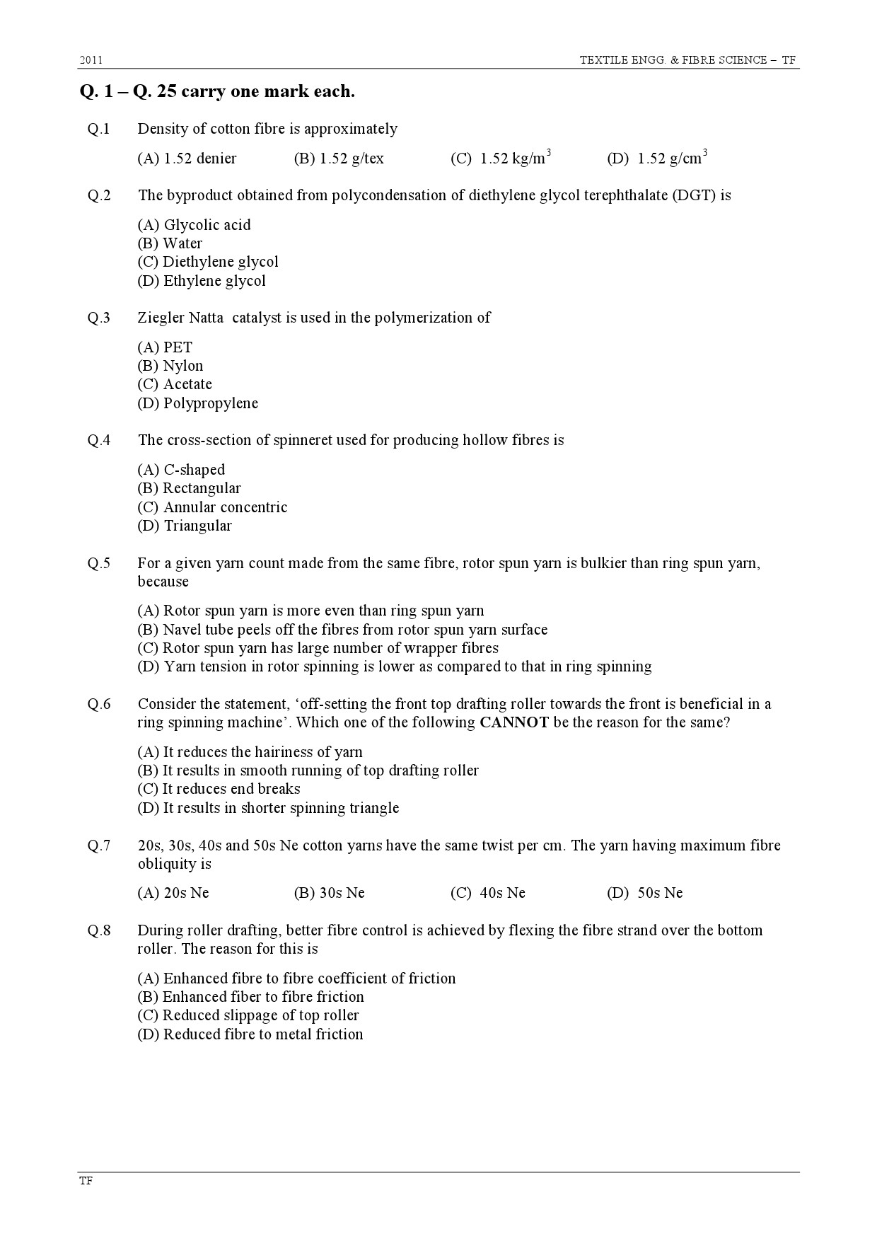 GATE Exam Question Paper 2011 Textile Engineering and Fibre Science 2