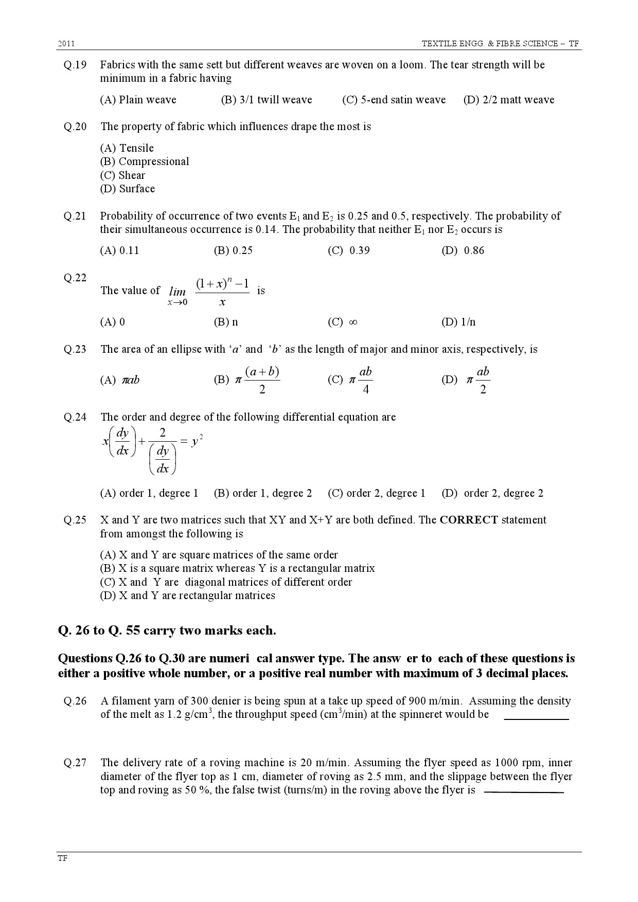 GATE Exam Question Paper 2011 Textile Engineering and Fibre Science 4