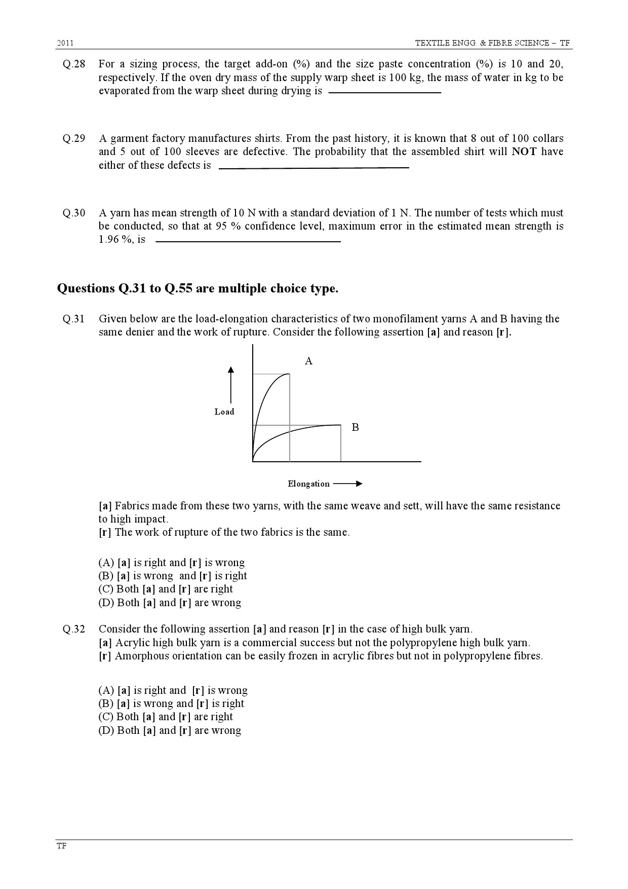 GATE Exam Question Paper 2011 Textile Engineering and Fibre Science 5