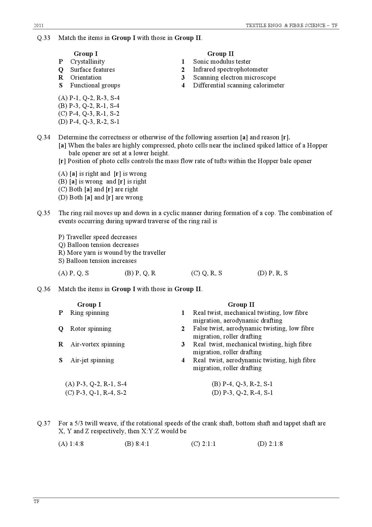 GATE Exam Question Paper 2011 Textile Engineering and Fibre Science 6