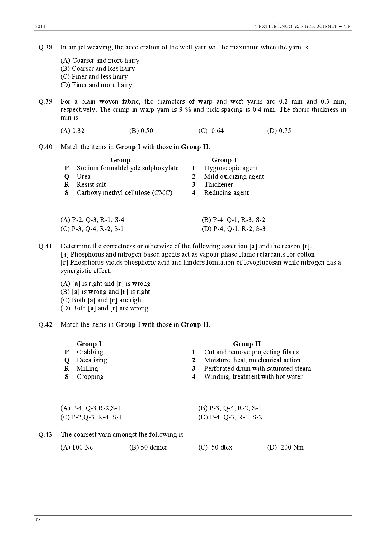 GATE Exam Question Paper 2011 Textile Engineering and Fibre Science 7