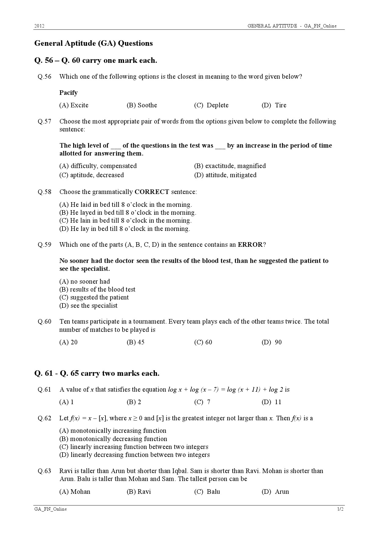 GATE Exam Question Paper 2012 Textile Engineering and Fibre Science 10