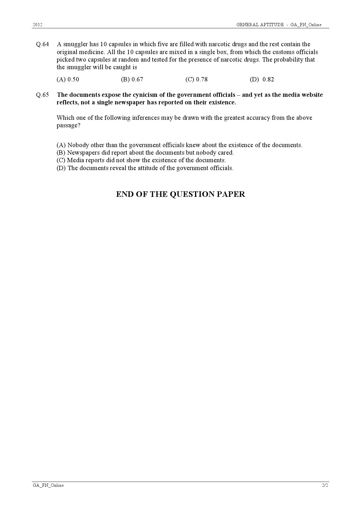 GATE Exam Question Paper 2012 Textile Engineering and Fibre Science 11