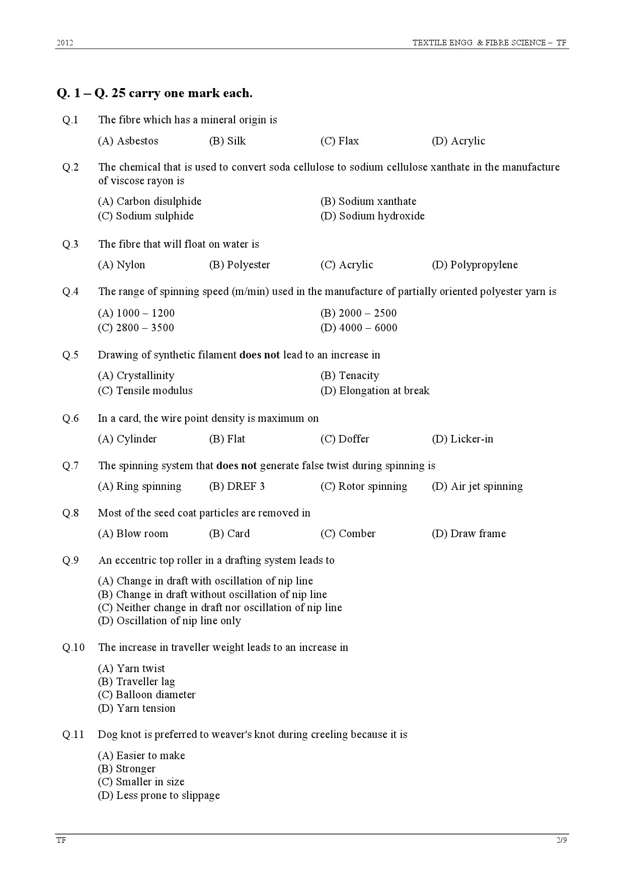 GATE Exam Question Paper 2012 Textile Engineering and Fibre Science 2