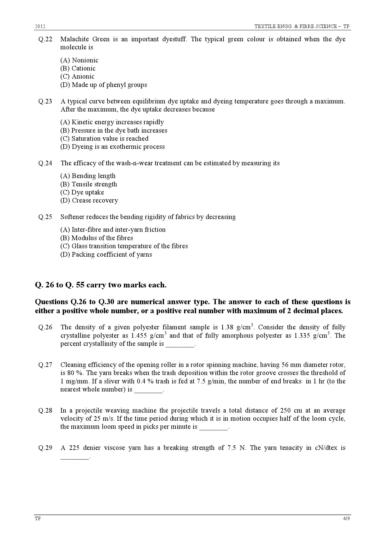GATE Exam Question Paper 2012 Textile Engineering and Fibre Science 4
